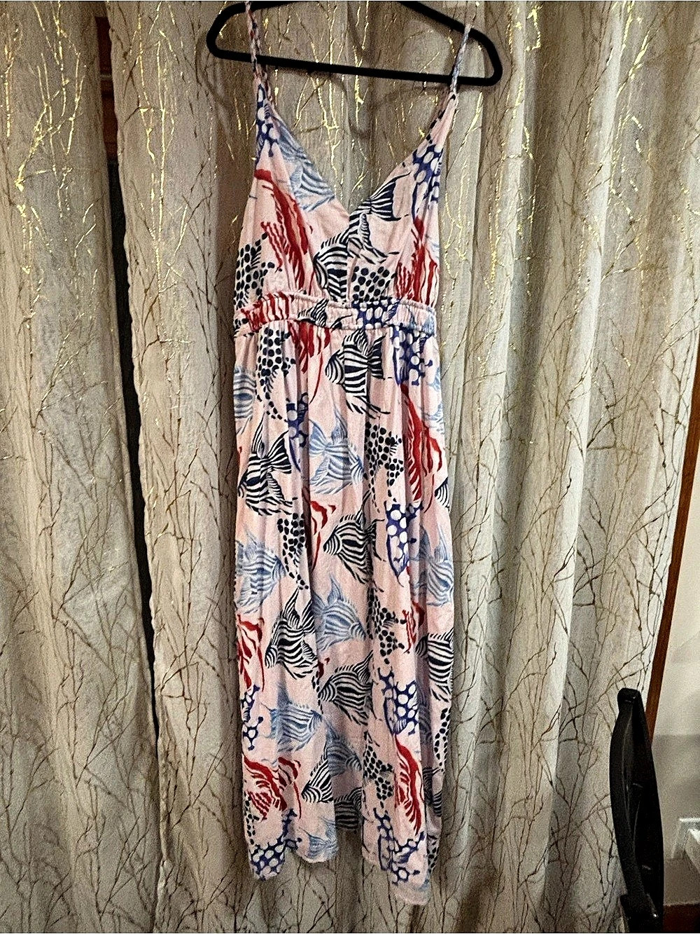 LOFT Fish Double Side Tie Maxi Dress Pink & Blue Size XL